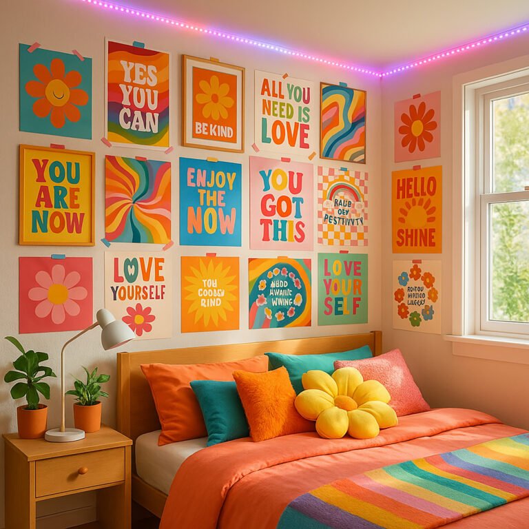 Colorful collage wall with dopamine décor posters, LED strip lights, and trendy quotes—perfect for poster gift ideas by personality for fashion-forward creatives.