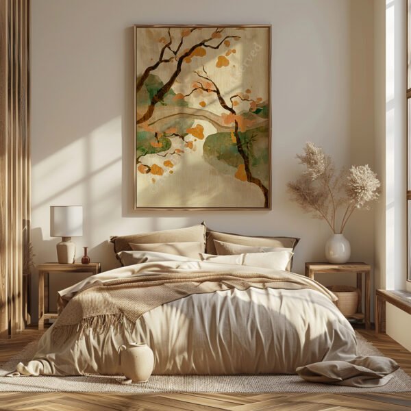 Japandi Autumn Bridge Wall Art above a beige bed with plush pillows and wooden nightstands, softly illuminated by natural sunlight.