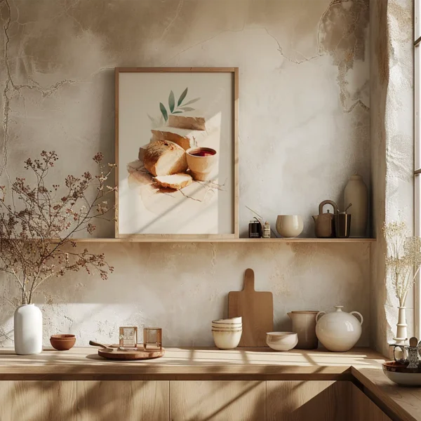 Rustic kitchen with wood shelves, pottery, cutting boards, and a framed Christian Communion Wall Art showing bread and wine.
