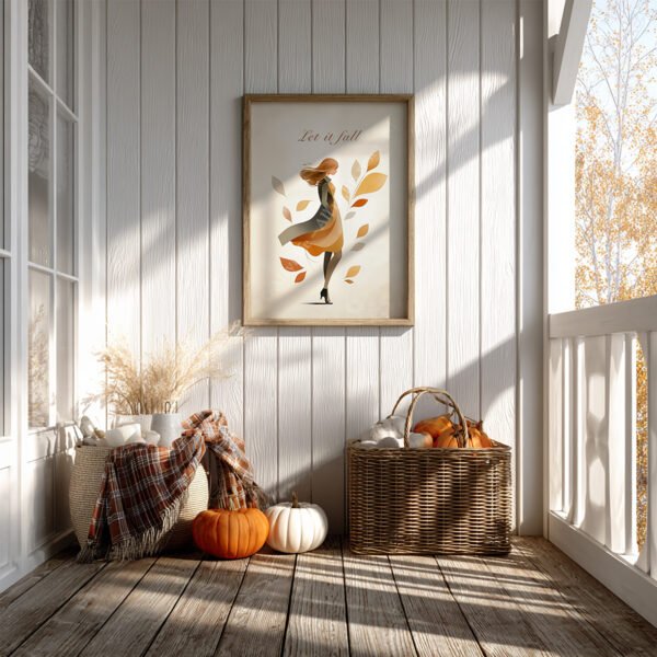 Autumn Girl Wall Art of a woman in autumn tones, displayed on a porch wall with pumpkins and a plaid blanket. Warm sunlight enhances the seasonal ambiance.