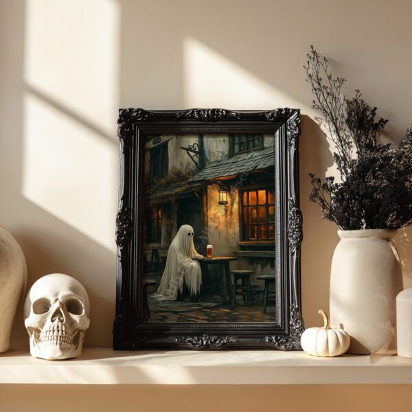 Framed Halloween Ghost Art of a ghost sitting at a dimly lit tavern table with a pint, surrounded by cozy rustic accents, skull, and vase.