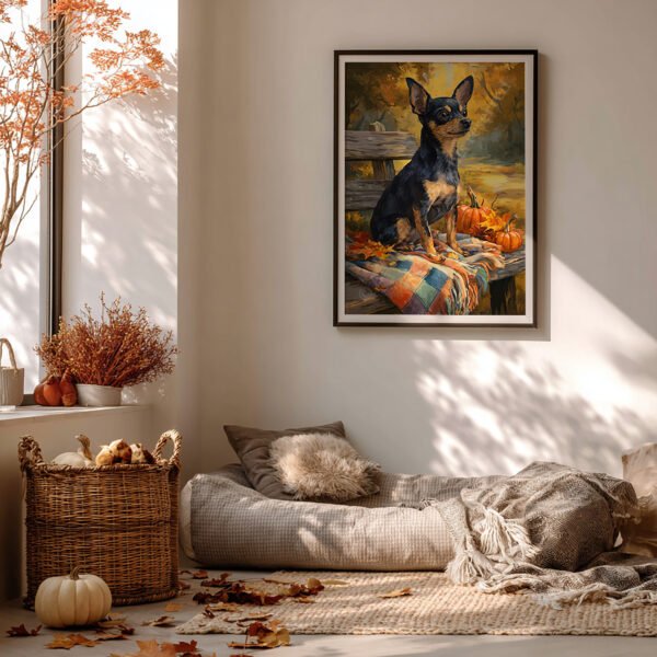 A warm autumn room with a framed artwork of a Chihuahua on a bench surrounded by pumpkins. Sunlight filters through a window, casting soft shadows.