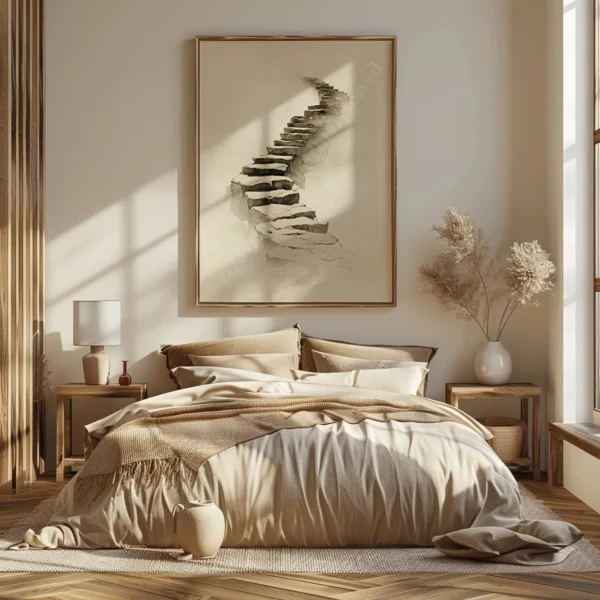 Cozy bedroom with beige bedding, a plush bed, and a large framed Spiritual Staircase Wall Art. Sunlight filters through the window.