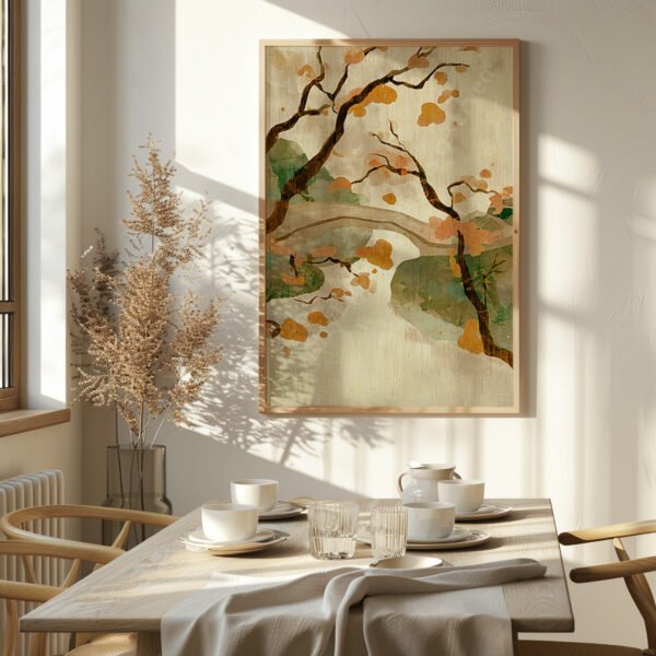 Japandi Autumn Bridge Wall Art in warm tones hanging above a wooden dining table set for four with white dishes and glasses, bathed in soft natural light.