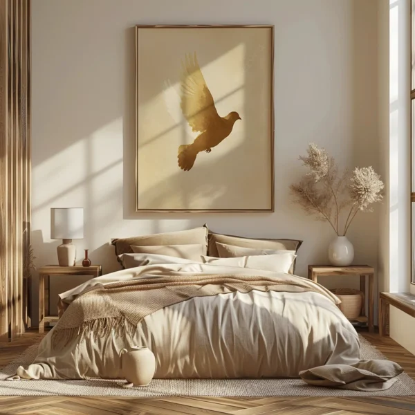 Cozy bedroom with a neutral palette, layered blankets, and sunlight filtering in. A large Christian Dove Wall Art of a bird silhouette hangs above the bed.