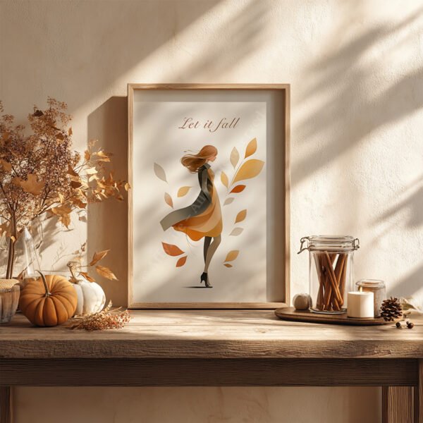 Autumn Girl Wall Art of a woman in autumn tones, displayed on a porch wall with pumpkins and a plaid blanket. Warm sunlight enhances the seasonal ambiance.