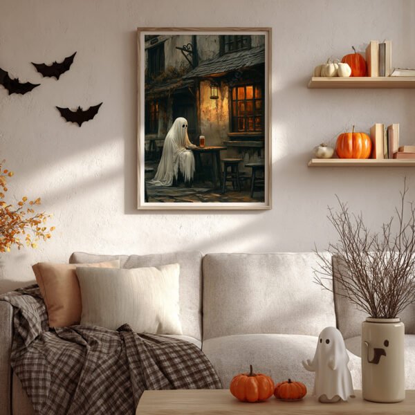 Cozy Halloween-themed living room with framed Halloween Ghost Art of a ghost at a table above the sofa, surrounded by pumpkins and bats.