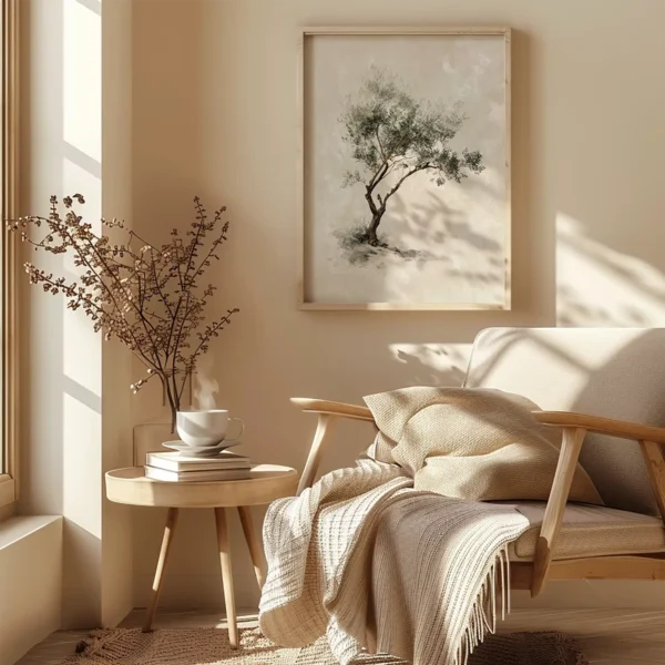Beige-toned room with a wooden chair, soft blanket, round table with tea and books. A framed Olive Tree Christian Wall Art hangs above in soft sunlight.