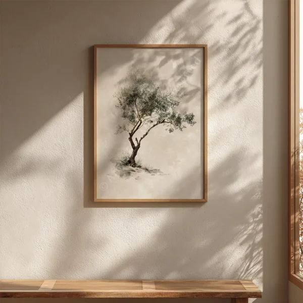 Framed Olive Tree Christian Wall Art of a lush tree on a sunlit, textured wall. A wooden bench below adds warmth and calm.