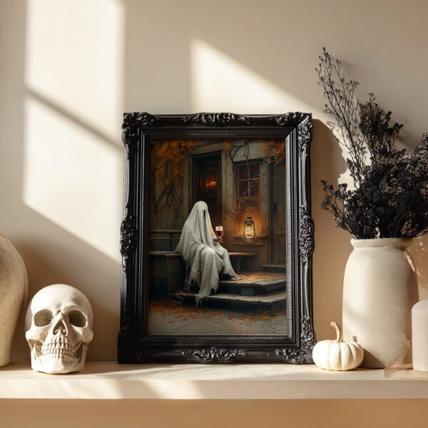 Framed Halloween Ghost with Wine Art featuring a ghost in white with a wine glass on porch steps, styled on a shelf with Halloween decor including a skull and pumpkins.