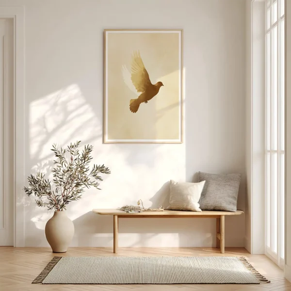 Warm beige room with a framed Christian Dove Wall Art above a wooden bench and cushions. A vase with branches adds a natural touch.