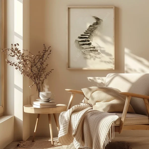 Cozy room with sunlit armchair, beige blanket, side table with books and tea. A minimalist Spiritual Staircase Wall Art adds peaceful elegance.