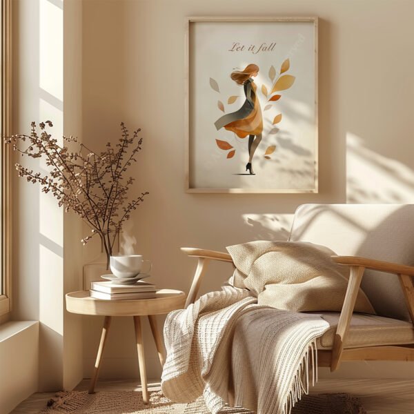 Framed Autumn Girl Wall Art of a woman with flowing hair and leaves, resting on a rustic table with pumpkins and dried foliage. Text reads “Let it fall.”