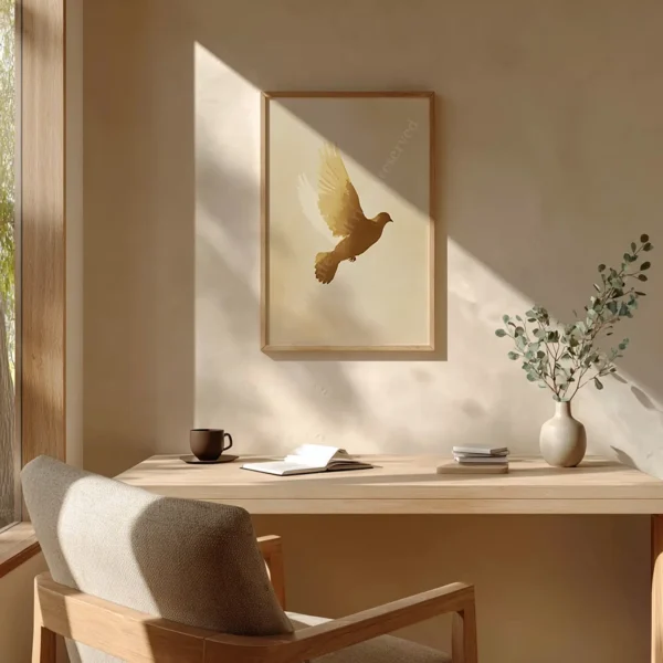 Sunlit workspace with wooden desk, chair, and framed Christian Dove Wall Art. A vase with branches, an open book, and a mug complete the calming scene.