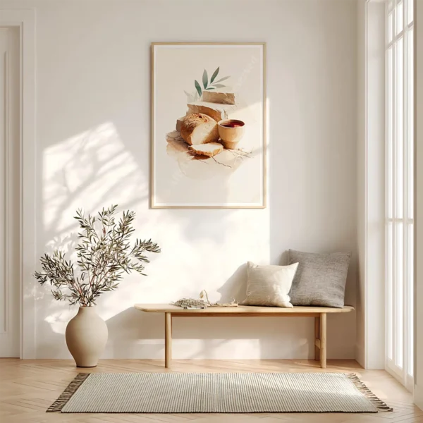 Minimalist space with a wooden bench, gray and beige cushions, a large plant in a vase, and framed Christian Communion Wall Art featuring bread and a bowl.