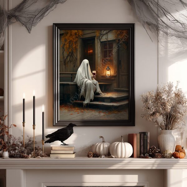 A framed Halloween Ghost with Wine Art of a ghost holding a wine glass on an autumn porch, displayed on a mantel with black candles, white pumpkins, and a crow.