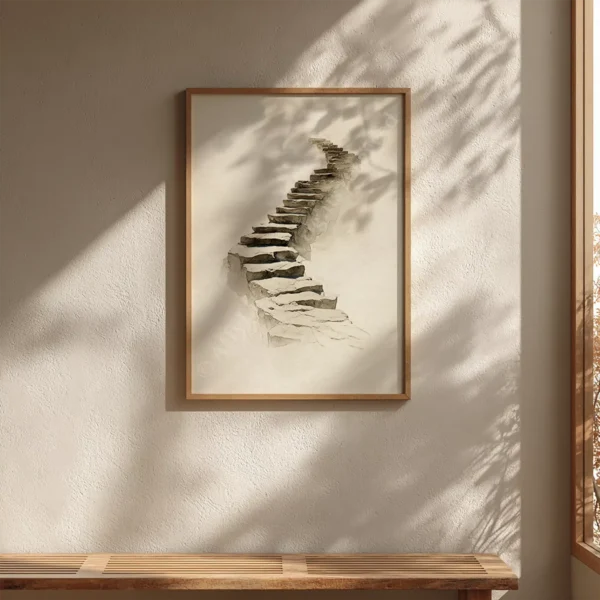 Framed Spiritual Staircase Wall Art of a stone stairway ascending into mist. Soft shadows and sunlight create a contemplative tone.
