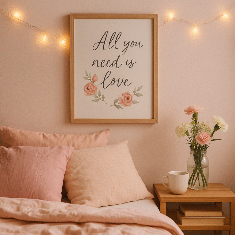 Romantic pastel bedroom with an “All You Need Is Love” poster, candlelight, flowers, and soft textures—perfect example of poster gift ideas by personality.