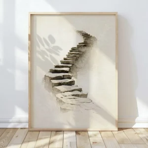 Framed Spiritual Staircase Wall Art of a curved stone staircase casting shadows on a light background. Sunlit leaves create soft silhouettes on the wall.