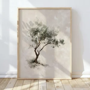 Framed Olive Tree Christian Wall Art of a delicate tree on a beige textured background, leaning against the wall on a light wooden floor with soft shadows.