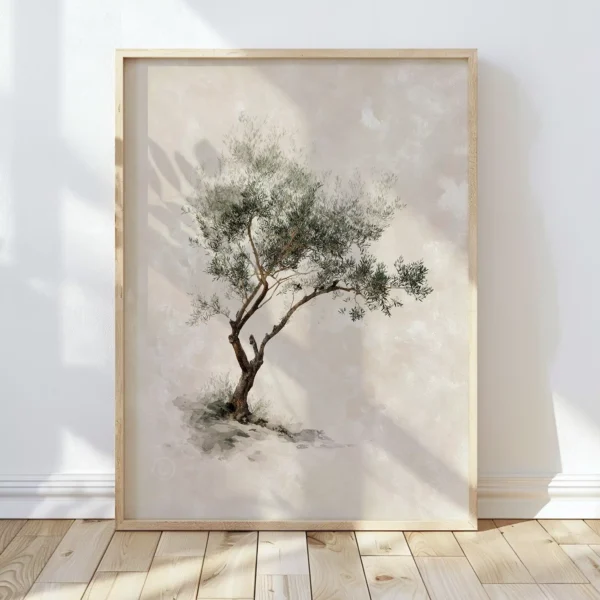 Framed Olive Tree Christian Wall Art of a delicate tree on a beige textured background, leaning against the wall on a light wooden floor with soft shadows.