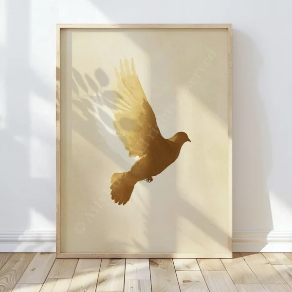 Framed Christian Dove Wall Art of a golden bird in flight casting a soft shadow on a sunlit wall. The scene feels serene and sacred.