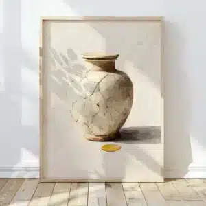 Framed Japandi Christian Wall Art of a cracked vase. Sunlight and soft leaf shadows fall across the wall, creating a tranquil mood.