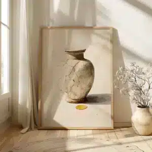 Framed Japandi Christian Wall Art of a cracked vase near a sunlit window. White flowers in a nearby vase and soft shadows create a serene ambiance.