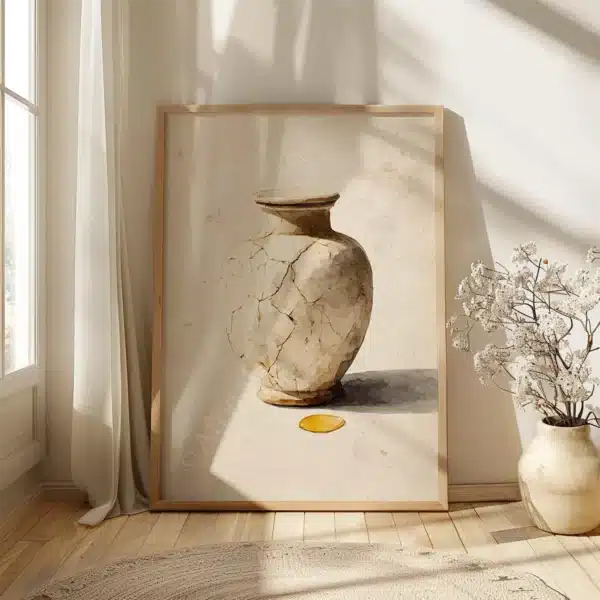 Framed Japandi Christian Wall Art of a cracked vase near a sunlit window. White flowers in a nearby vase and soft shadows create a serene ambiance.