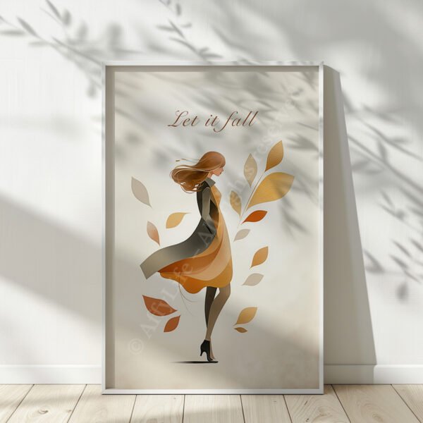Framed Autumn Girl Wall Art of a stylized woman in a flowing dress with warm autumnal tones, surrounded by falling leaves. Text reads “Let it fall”, evoking serenity.