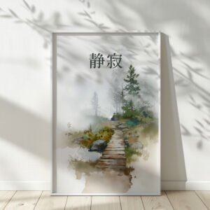 Cozy bedroom with neutral tones, soft bedding, and natural sunlight. Above the bed hangs Japandi Forest Bridge Wall Art, adding calm and balance.