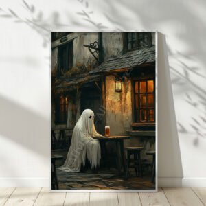 Framed Halloween Ghost Art showing a ghost in a white sheet sitting at an outdoor pub table, drinking a pint of beer in a dimly lit, rustic tavern.