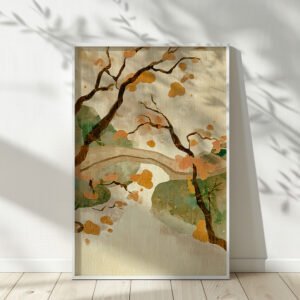 Framed Japandi Autumn Bridge Wall Art showing abstract branches with orange leaves on a soft beige background, leaning against a light wall with delicate shadows.
