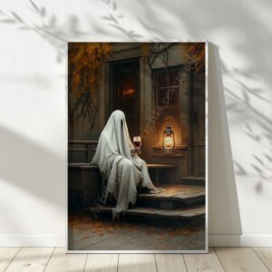 A framed Halloween Ghost with Wine Art shows a ghostly figure draped in white, seated on a porch with a glass of red wine and a glowing lantern, set against an autumnal backdrop.