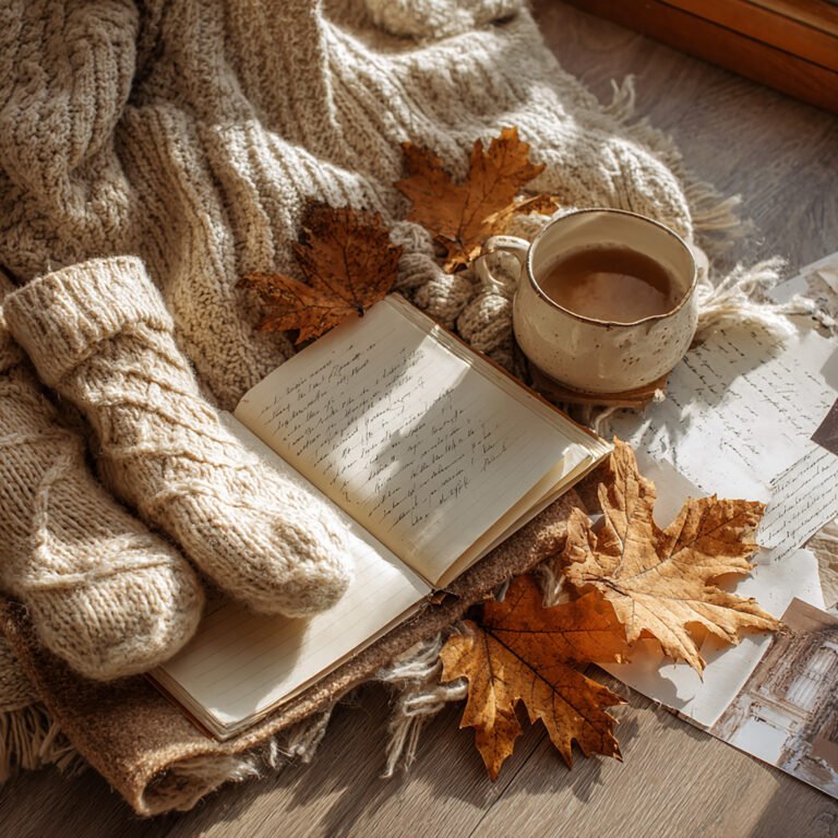 Cozy autumn flatlay with a knit sweater, a cup of coffee, an open notebook, and scattered fallen leaves, styled as fall moodboard ideas for a peaceful and reflective vibe.