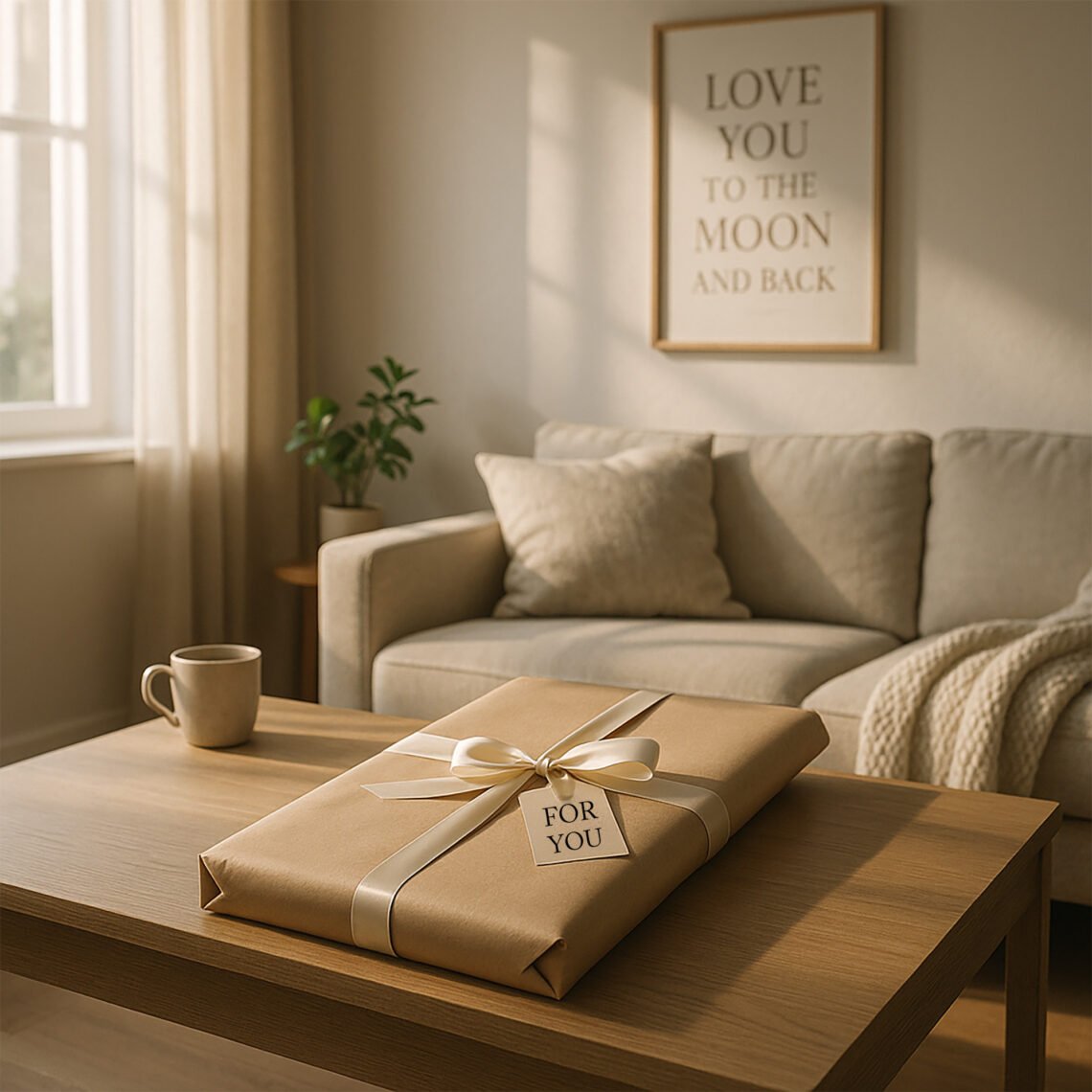 Modern living room with soft morning light, a wrapped poster gift with ribbon on a wooden table, cozy textures, and a framed quote poster on the wall—ideal for poster gift ideas by personality.