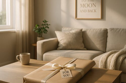 Modern living room with soft morning light, a wrapped poster gift with ribbon on a wooden table, cozy textures, and a framed quote poster on the wall—ideal for poster gift ideas by personality.