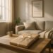 Modern living room with soft morning light, a wrapped poster gift with ribbon on a wooden table, cozy textures, and a framed quote poster on the wall—ideal for poster gift ideas by personality.