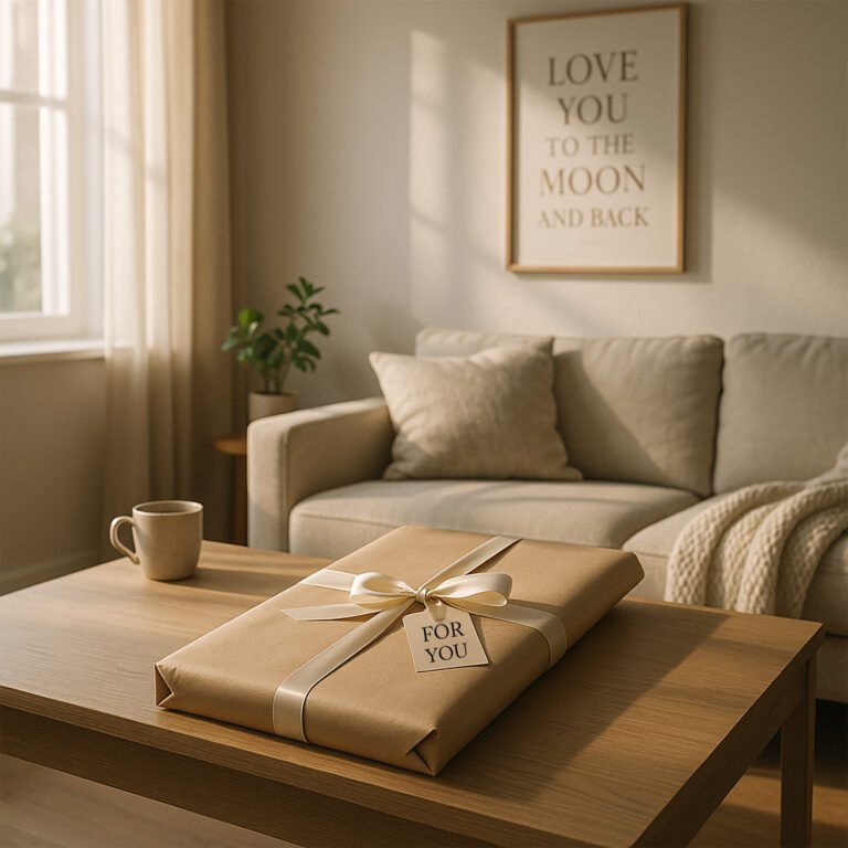 Modern living room with soft morning light, a wrapped poster gift with ribbon on a wooden table, cozy textures, and a framed quote poster on the wall—ideal for poster gift ideas by personality.