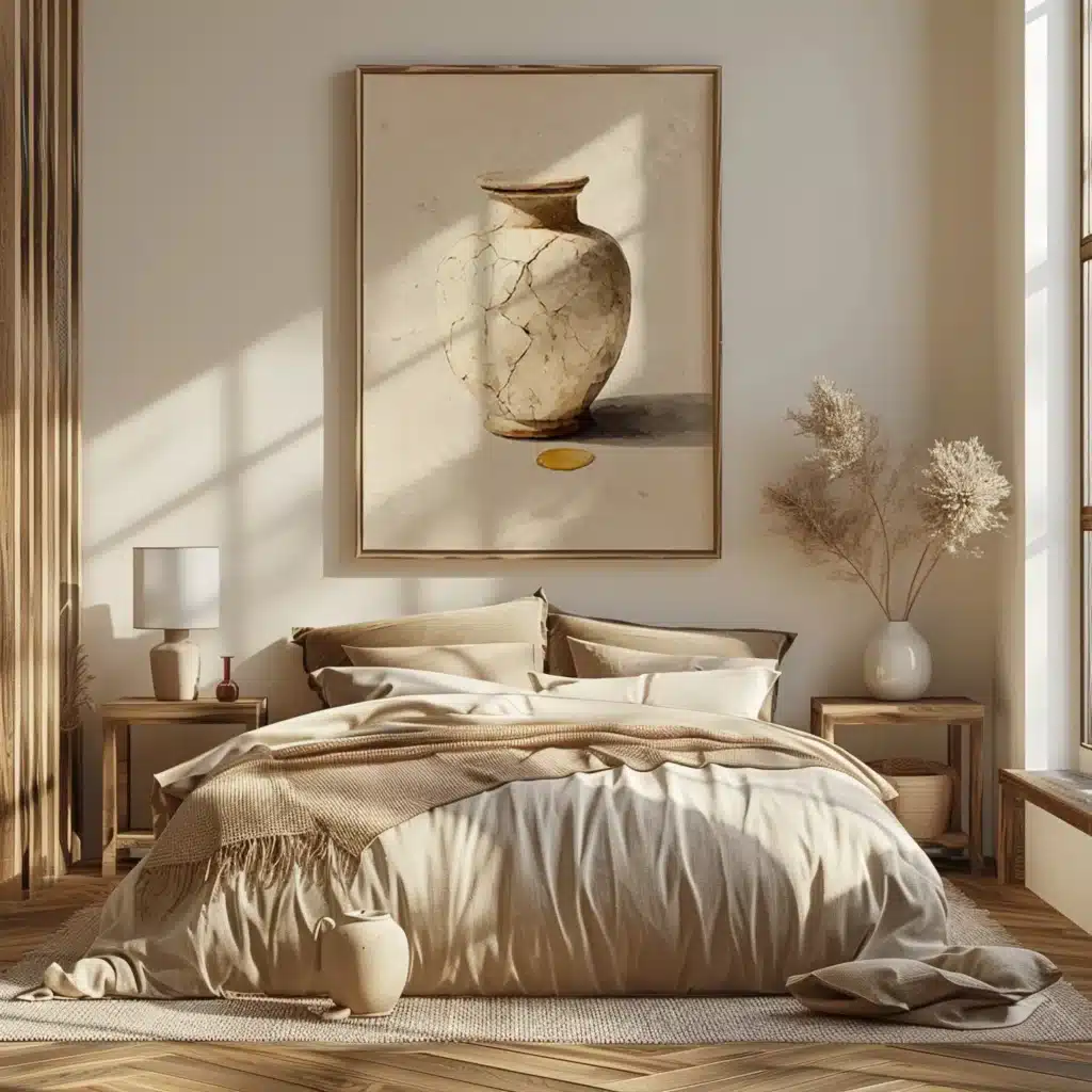 Neutral-toned bedroom with a plush bed, soft blankets, and a large Japandi Christian Wall Art of a vase. Sunlight streams through the window.
