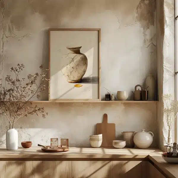 Rustic kitchen with textured wall, wooden shelves, and earthy pottery. Sunlight highlights a framed Japandi Christian Wall Art of a vase with dry branches.