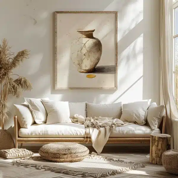Cozy living room with white sofa, cushions, and a soft throw. A large Japandi Christian Wall Art of a vase hangs above, paired with dried plants.