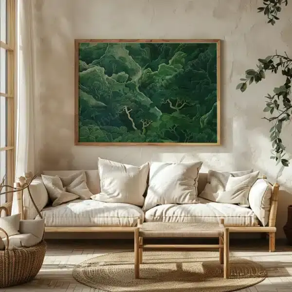 A cozy living room with a beige sofa and cushions beneath a framed Sage Green Horizontal Wall Art. Natural light filters through, enhancing the serene mood.