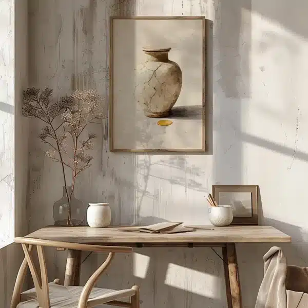 Sunlit room with wooden desk and rustic wall. A framed Japandi Christian Wall Art hangs above, with dry branches in a vase beside it.