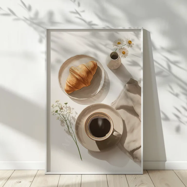 Framed Free Japandi Breakfast Illustration featuring a croissant, coffee, and daisies on a light background. Soft shadows enhance the calm, serene mood.