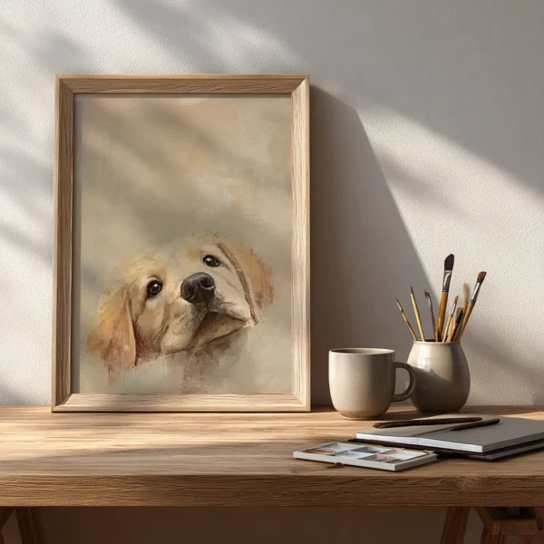 Golden Retriever Puppy Art on a wooden table next to a mug, paintbrushes, and notebooks.