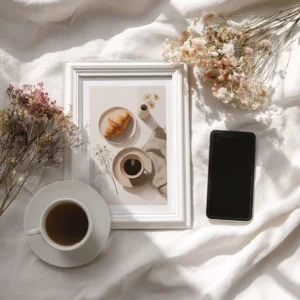 Flat lay featuring a smartphone, cup of coffee, dried flowers, and framed Free Japandi Breakfast Illustration on soft white fabric.
