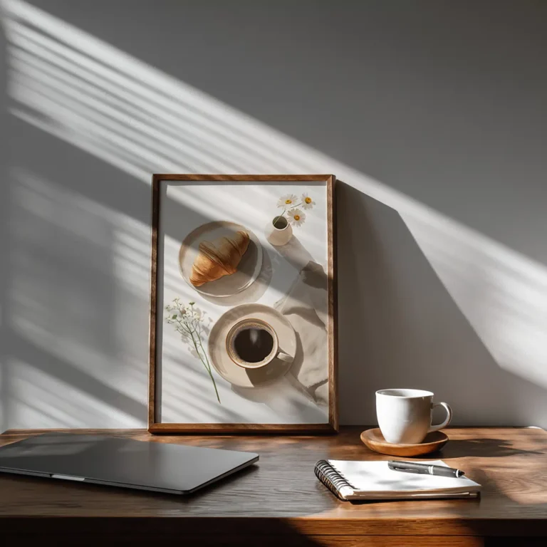 Framed Free Japandi Breakfast Illustration of a croissant and coffee on a wooden table beside a laptop, notebook, and cup. Sunlight casts striped shadows.