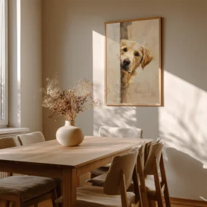 Sunlit dining room with a wooden table, beige cushioned chairs, and dried flowers in a vase. Golden Retriever Wall Art hangs on the tan wall.