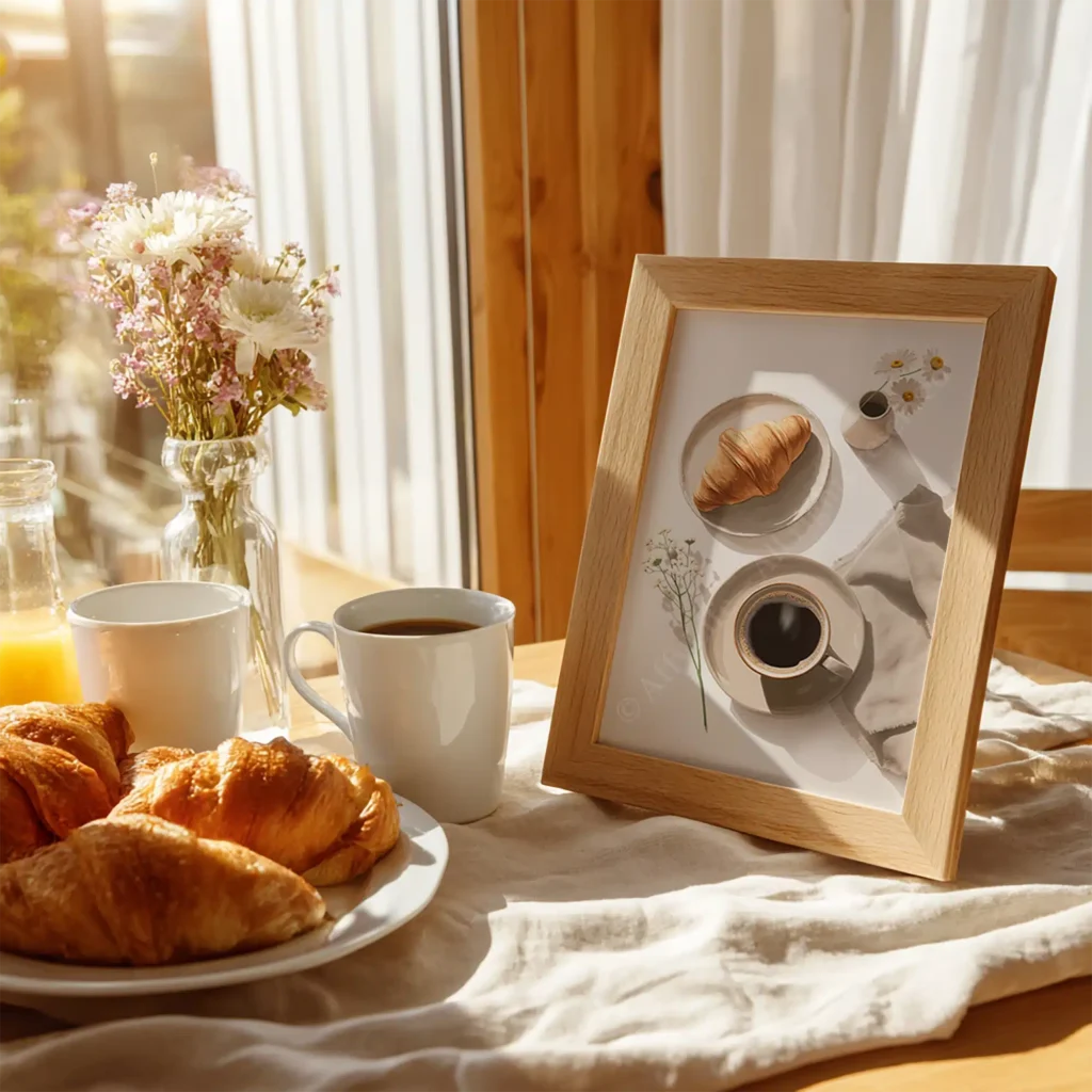 Sunlit breakfast table with croissants, coffee, juice, flowers, and a framed Free Japandi Breakfast Illustration, evoking a tranquil, cozy mood.